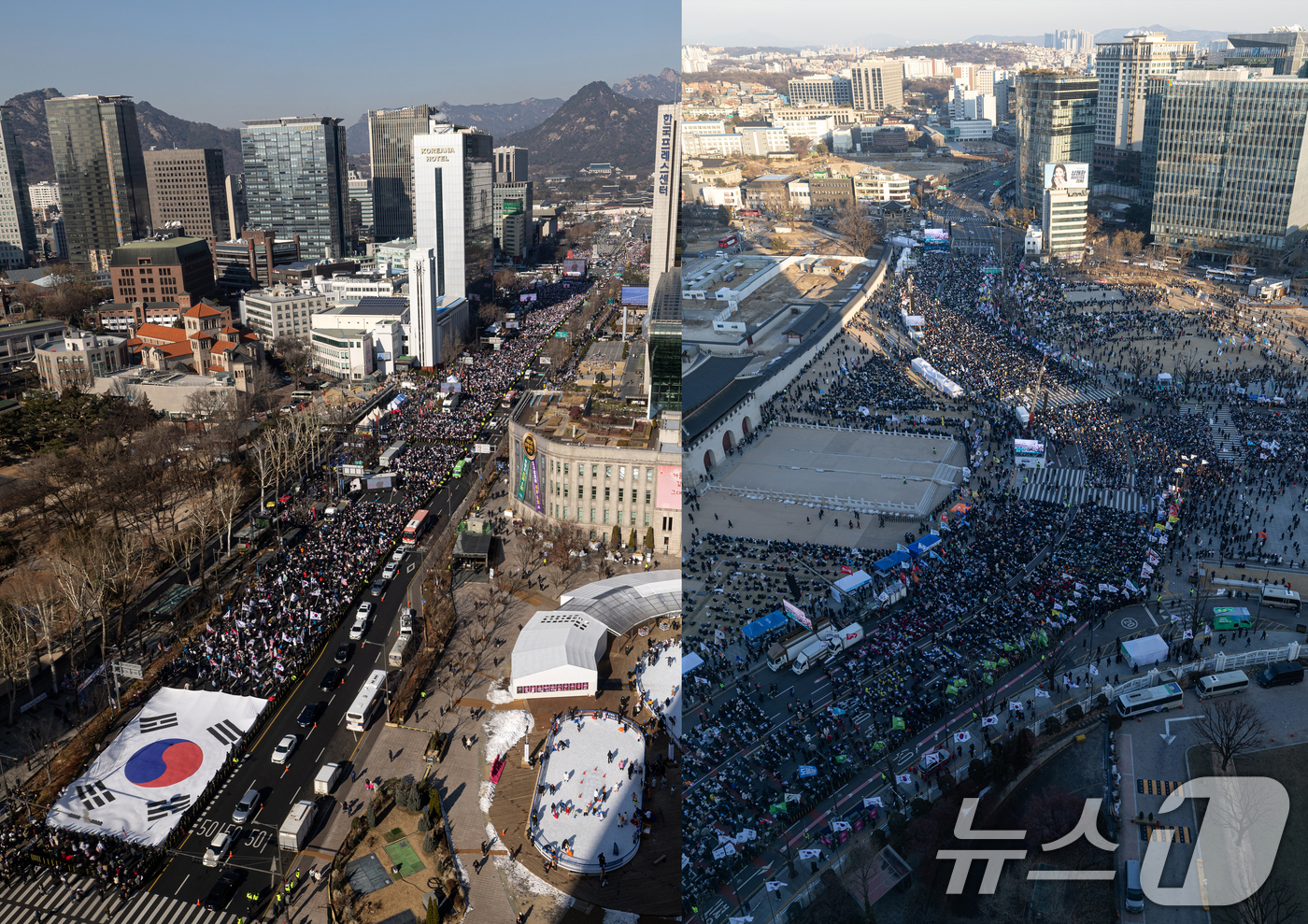 (서울=뉴스1) 이승배 기자 = 자유통일당·대한민국바로세우기국민운동본부 구성원들이 11일 오후 서울 세종대로 네거리 인근에서 윤석열 대통령 탄핵 반대 집회를 하고 있다.(왼쪽) 광 …