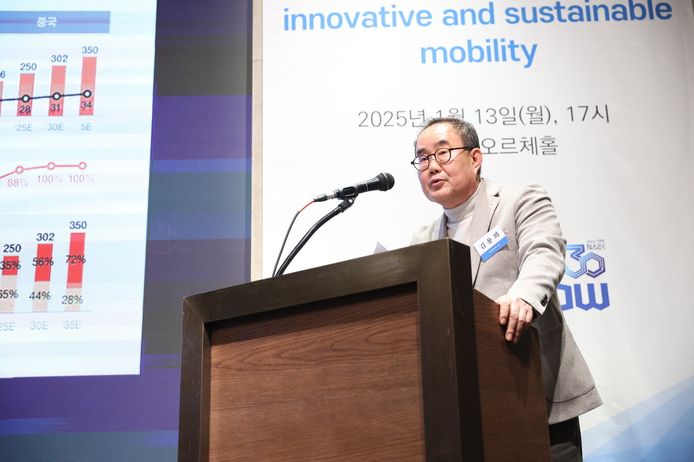 본문 이미지 - 김용화 현대차 고문이 13일 서울 서초구 양재동 엘타워에서 열린 한국공학한림원&#40;NAEK&#41; 미래모빌리티위원회 출범식에서 &#39;미래 모빌리티 재구축: 혁신적이고 지속 가능한 모빌리티의 패러다임&#39;을 주제로 기조 발표를 하고 있다&#40;한국공학한림원 제공&#41;. 2025.01.13.
