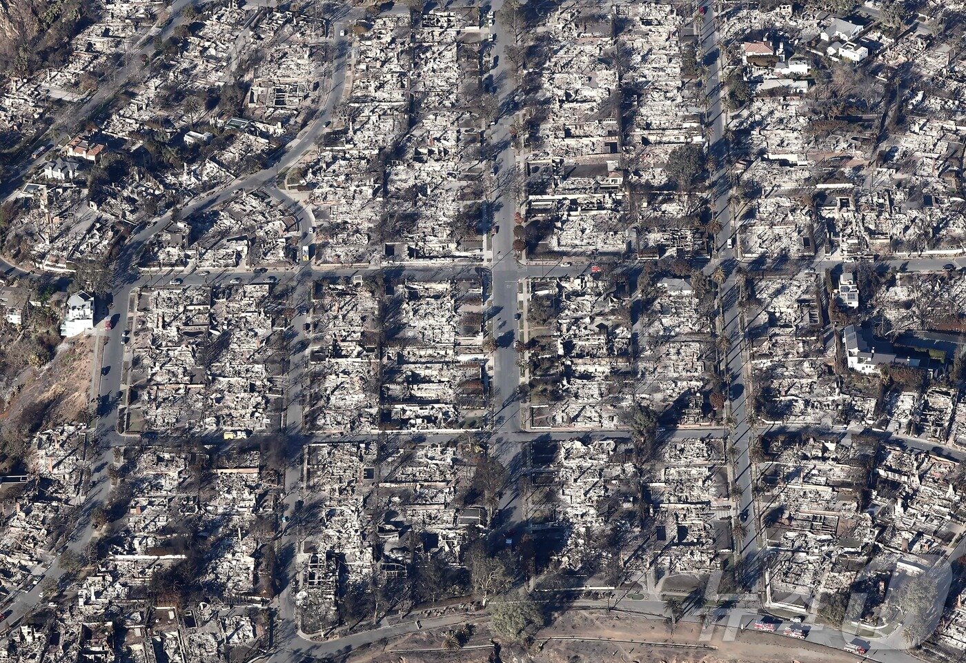 본문 이미지 - 13일 (현지시간) 팰리세이즈 파이어가 휩쓸고 간 캘리포니아주 로스앤젤레스 인근 퍼시픽 팰리세이즈에서 불에 탄 주택과 차량이 보인다. 2025.01.14 ⓒ AFP=뉴스1 ⓒ News1 우동명 기자