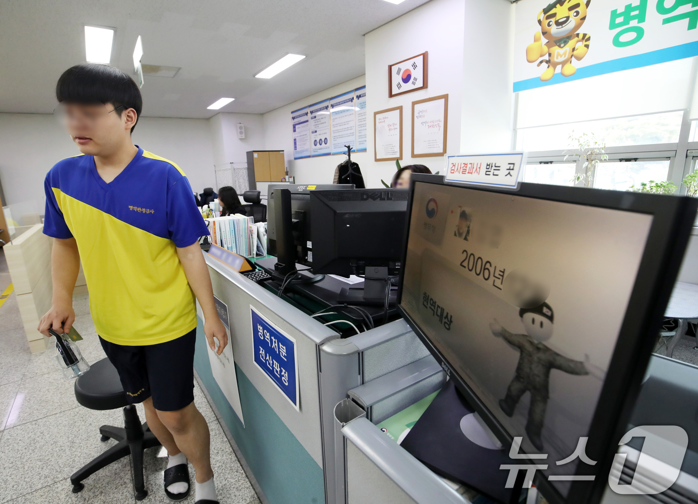 (부산=뉴스1) 윤일지 기자 = 14일 부산 수영구 부산울산지방병무청에서 병역판정검사가 실시된 가운데 입영대상자가 현역대상 병역판정을 받고 있다. 2025.1.14/뉴스1