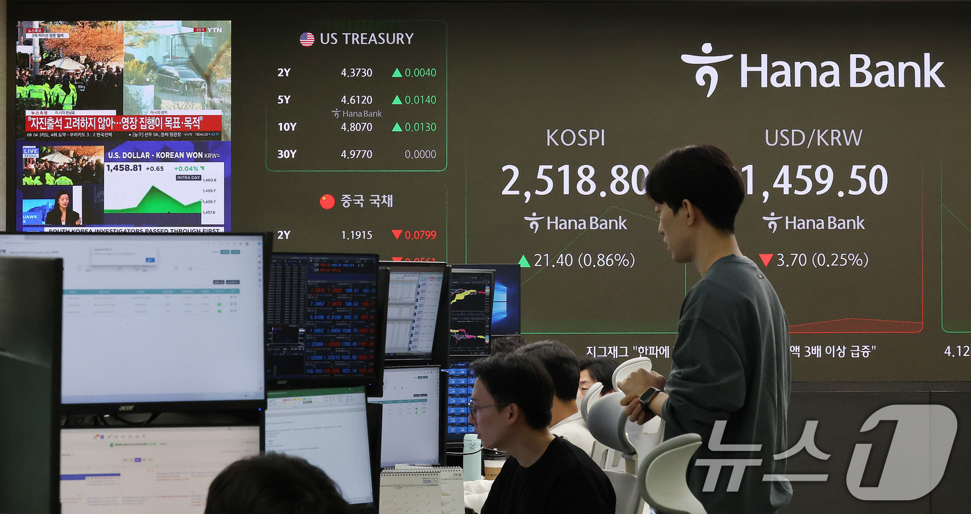 (서울=뉴스1) 임세영 기자 = 고위공직자범죄수사처와 경찰로 구성된 공조수사본부가 윤석열 대통령에 대한 2차 체포영장 집행에 돌입한 15일 오전 서울 중구 하나은행 본점 딜링룸 전 …