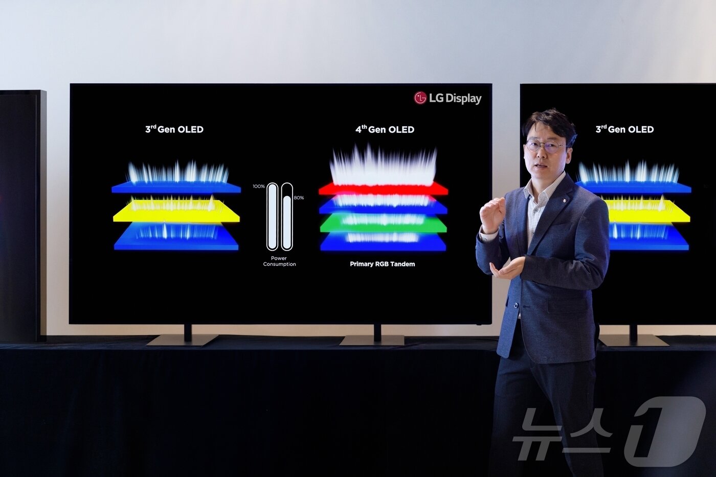본문 이미지 - 이진상 LG디스플레이 연구위원이 4세대 OLED TV 패널을 소개하고 있다.(LG디스플레이 제공) 2025. 1. 16/뉴스1 ⓒ News1 한재준 기자
