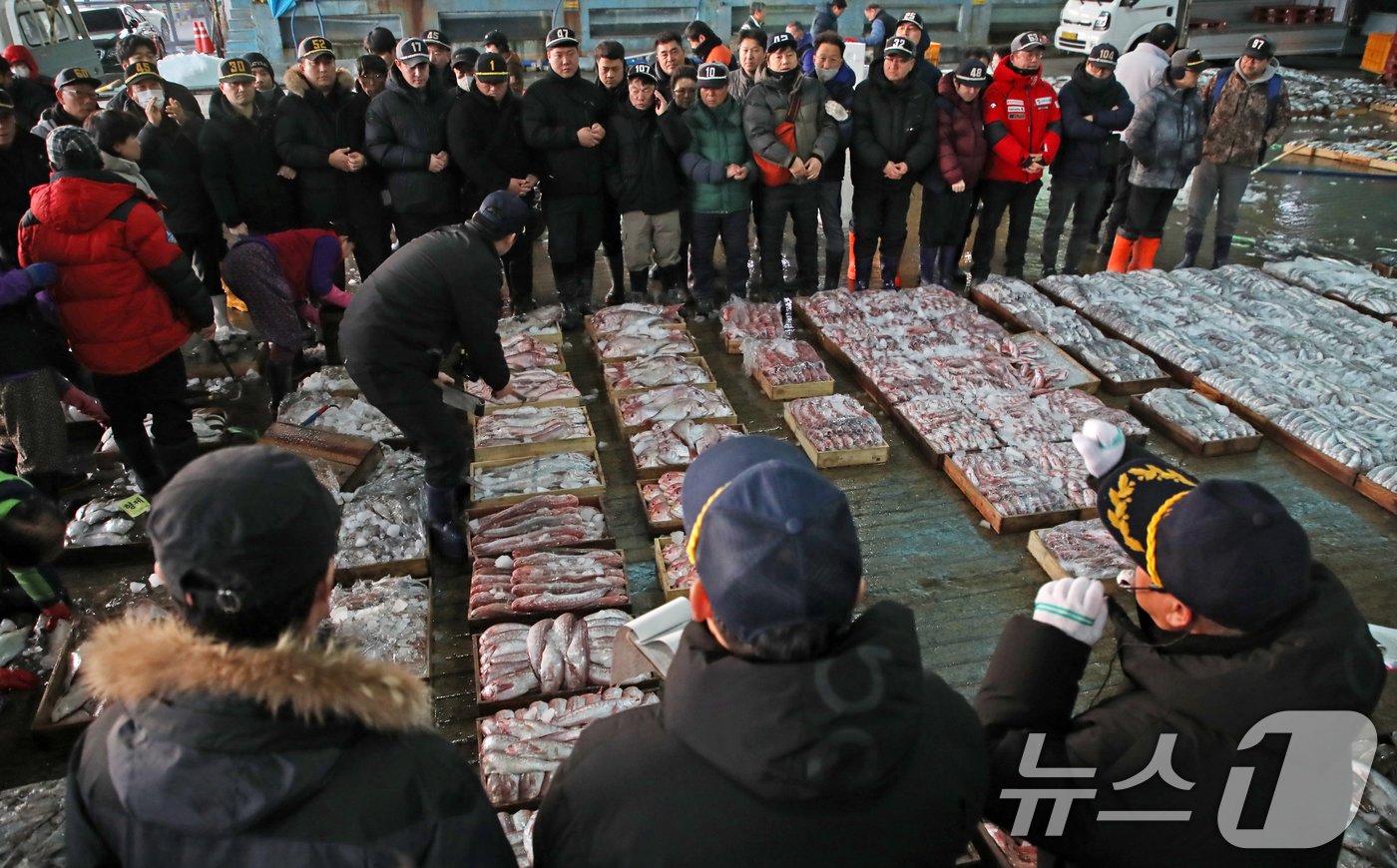 2일 오전 부산 서구 부산공동어시장에서 중도매인들이 힘찬 손짓으로 새해 첫 수산물 경매를 진행하고 있다. 2025.1.2/뉴스1 ⓒ News1 윤일지 기자