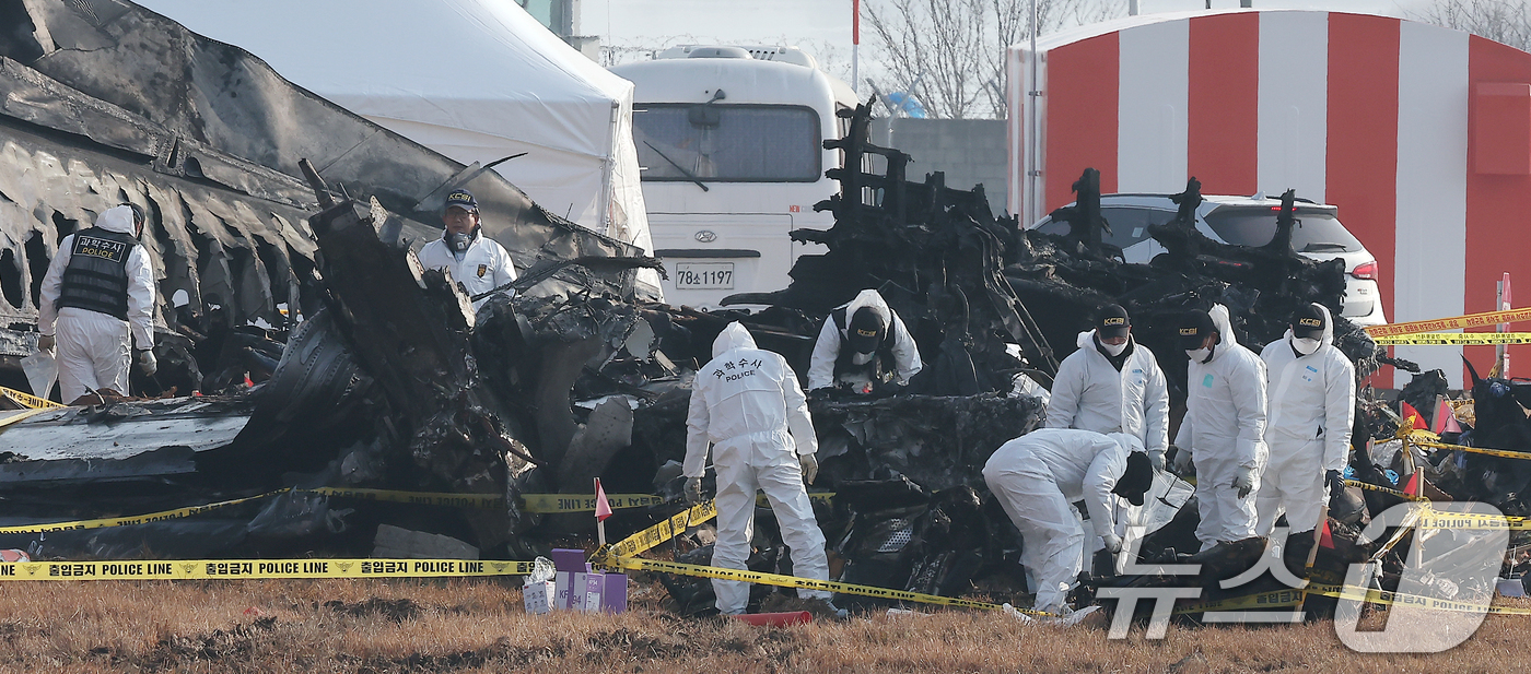 (무안=뉴스1) 김진환 기자 = 2일 전남 무안국제공항 제주항공 여객기 참사 현장에서 경찰 과학수사 대원들이 현장 감식을 하고 있다. 2025.1.2/뉴스1