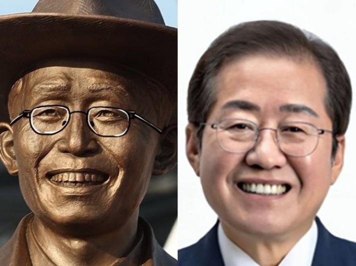본문 이미지 - 박정희 전 대통령 동상&#40;왼쪽&#41;에 안경을 씌운 모습. &#40;온라인 커뮤니티 갈무리&#41;