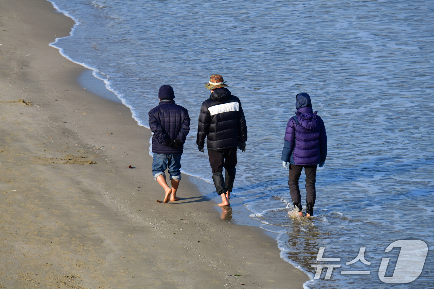 (포항=뉴스1) 최창호 기자 = 2일 오후 경북 포항시 송도해수욕장에서 시민들이 맨발로 걸어가고 있다. 2025.1.2/뉴스1