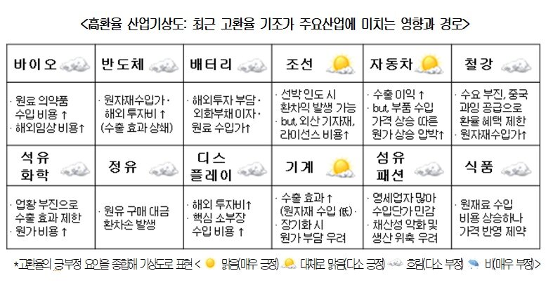 본문 이미지 - 대한상공회의소와 국내 12대 업종 협회가 공동 제작한 &#39;고환율 산업기상도&#39;&#40;대한상의 제공&#41;