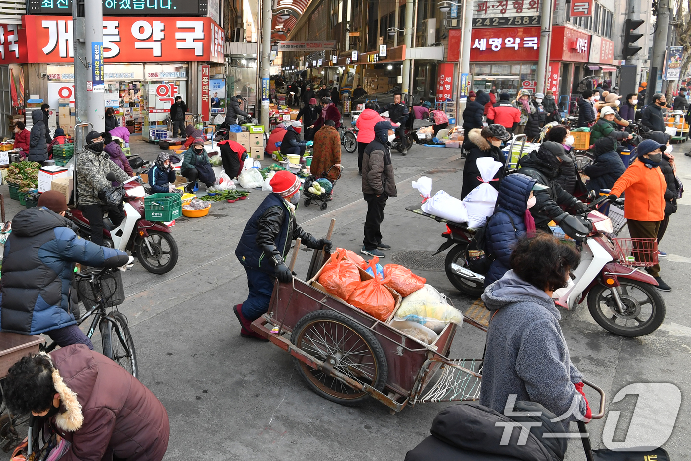 (포항=뉴스1) 최창호 기자 = 설명절을 앞둔 22일 오전 경북 포항시 북구 죽도시장에서 제수용품 등을 구입하기 위해  나온 시민들로 붐비고 있다. 2025.1.22/뉴스1