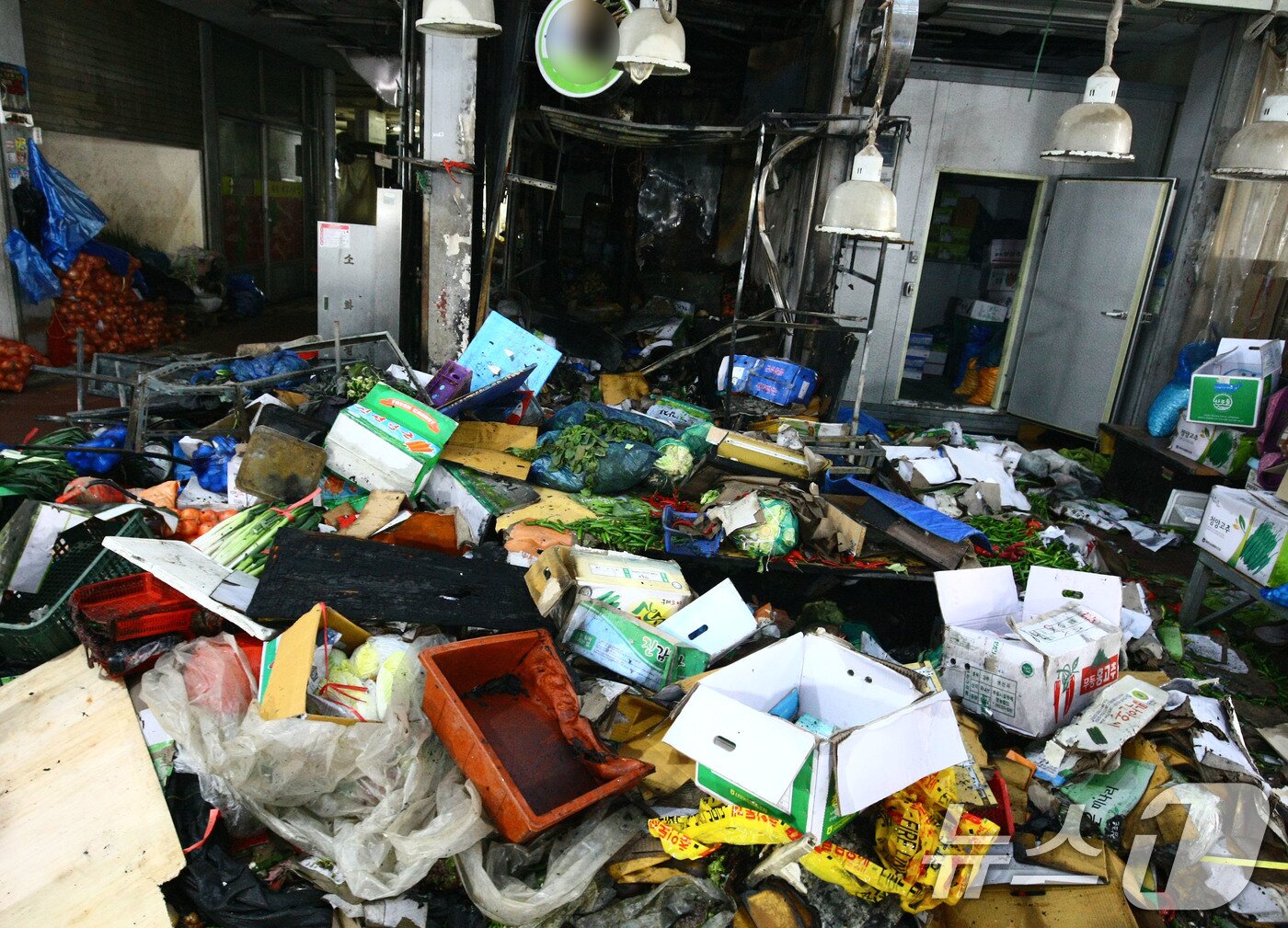 본문 이미지 - 22일 오전 불이 난 광주 서구 양동시장 내 채소상회 앞에 내보이지 못한 채소들이 나뒹굴고 있다. 2025.1.22/뉴스1 ⓒ News1 박지현 기자