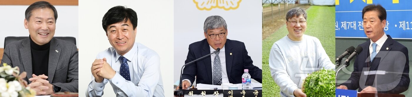 본문 이미지 - 2026년 지방선거에서 전북자치도 진안군수 출마가 예상되는 전춘성 군수, 고준식 김대중재단 진안군지회장, 이우규 전 진안군의원, 천춘진 농학박사, 이한기 전 전북도의원.&#40;사진 왼쪽부터&#41;/뉴스1