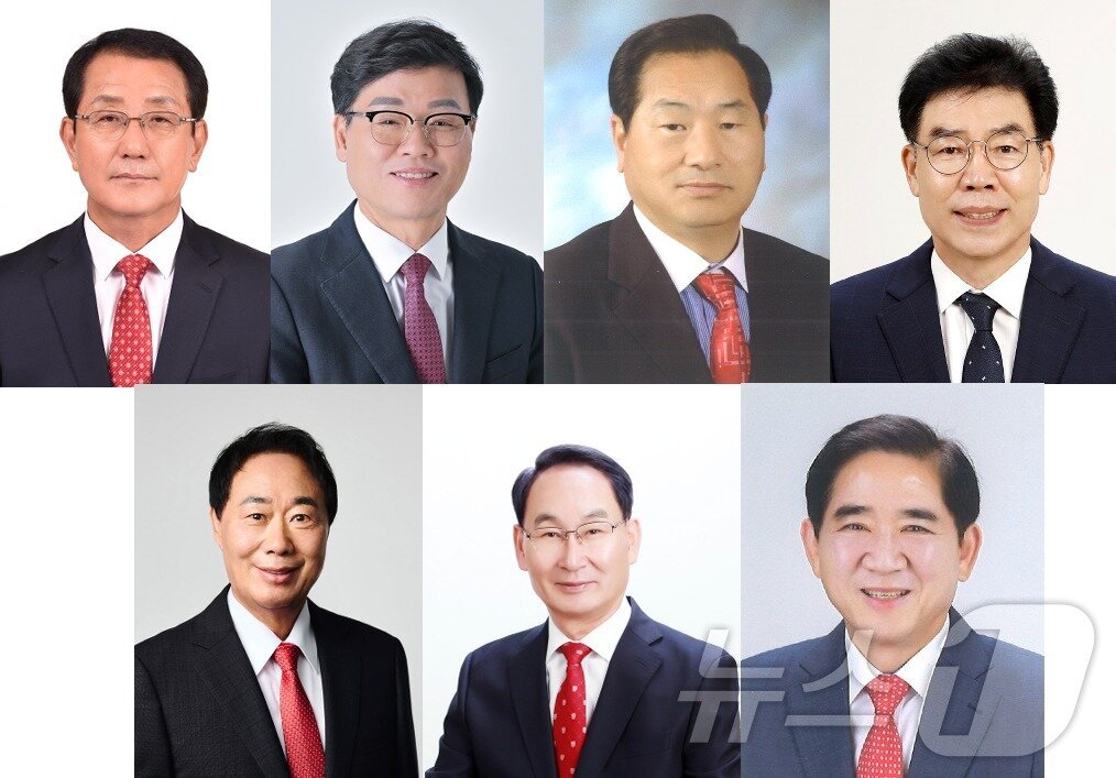 본문 이미지 - 국민의힘 거제시장 예비후보자. 순서는 등록 순. 윗줄 왼쪽부터 권태민 전 거제해양관광개발공사 상임이사, 박환기 전 거제부시장, 황영석 거제시 발전연구회 회장, 김봉태 전 밀양시 부시장. 아랫줄 왼쪽부터 천종완 전 거제시의원, 권민호 전 거제시장, 정연송 전 거제해양관광개발공사 사장.(중앙선거관리위원회 제공)