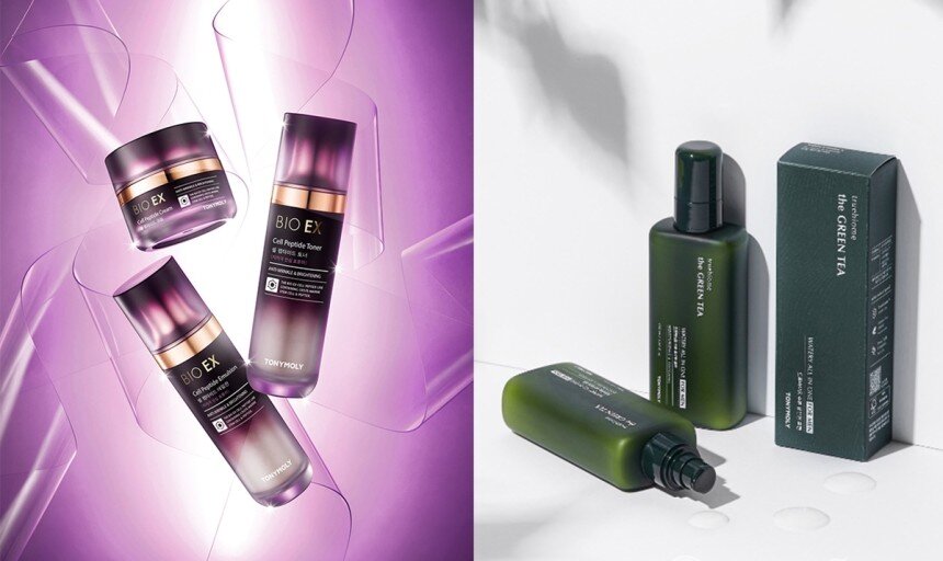 본문 이미지 - &#39;BIO EX 셀 펩타이드 3종 세트&#39;와 &#39;더 그린티 트루바이옴 수분 올인원 포맨&#39; 제품.&#40;토니모리제공&#41;