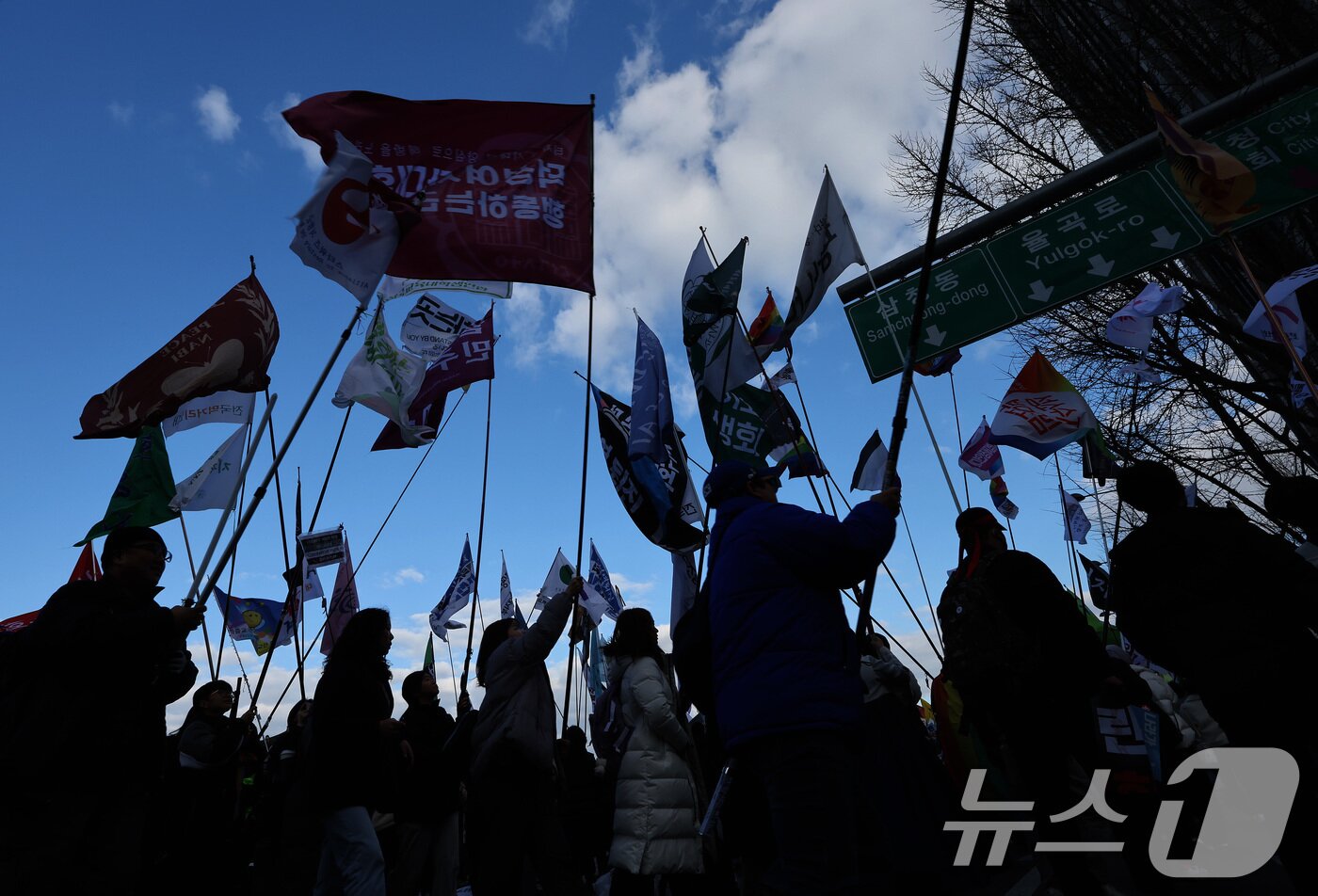 본문 이미지 - 25일 오후 서울 종로구 경복궁역 일대에서 열린 윤석열 대통령 탄핵 촉구 집회에서 참석자들이 윤 대통령의 파면 등을 촉구하며 깃발 입장 퍼레이드를 하고 있다. 2025.1.25/뉴스1 ⓒ News1 이동해 기자