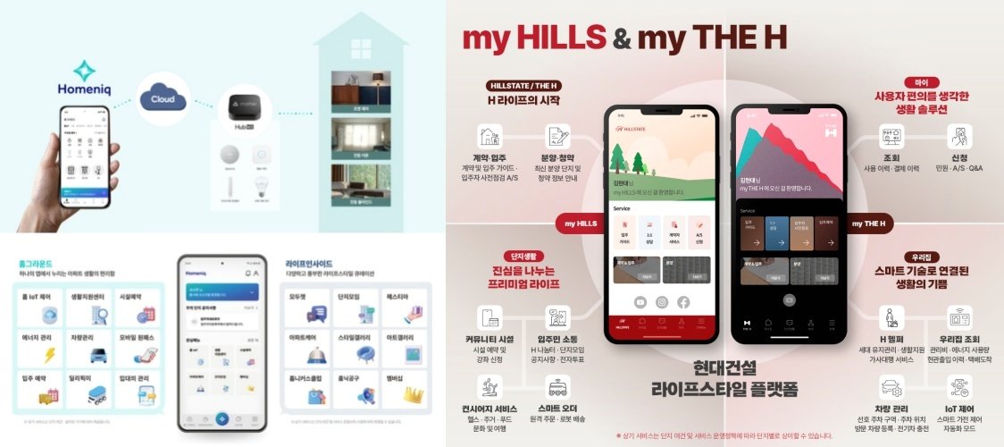 본문 이미지 - 삼성물산 &#39;홈닉&#39;&#40;왼쪽&#41;과 현대건설 마이 힐스·마이 디에이치 전용 앱.