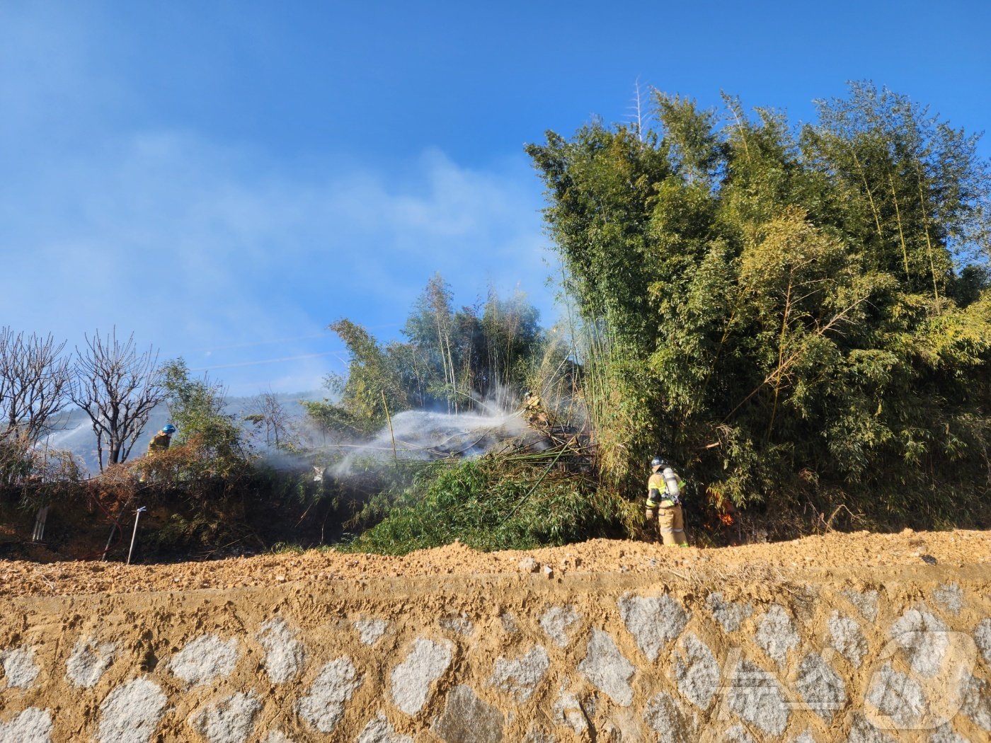 본문 이미지 - 2일 부산 기장군 산불 현장에서 소방대원이 화재를 진압하고 있다.2025.1.2(부산소방재난본부 제공)