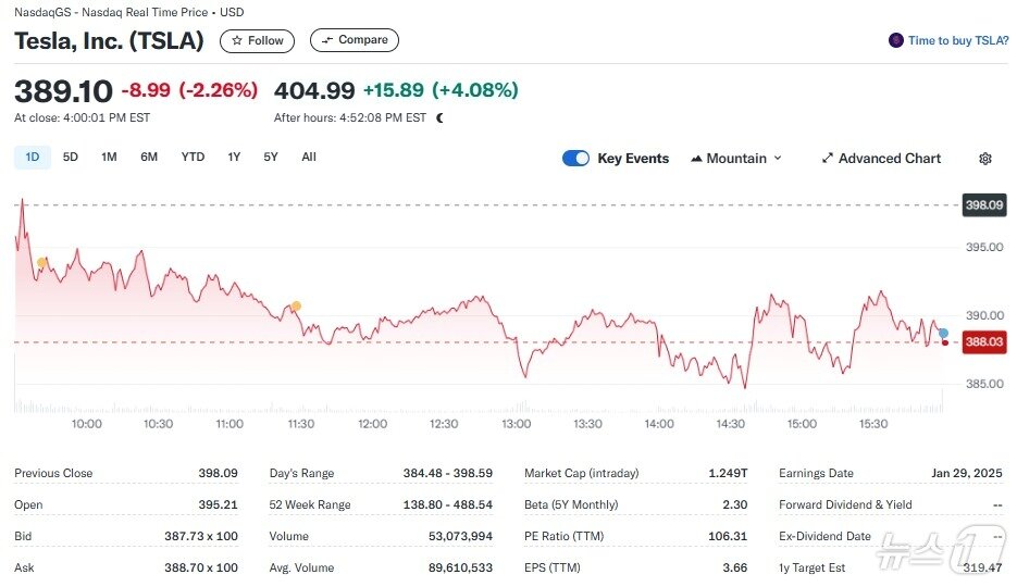 본문 이미지 - 테슬라 일일 주가추이 - 야후 파이낸스 갈무리