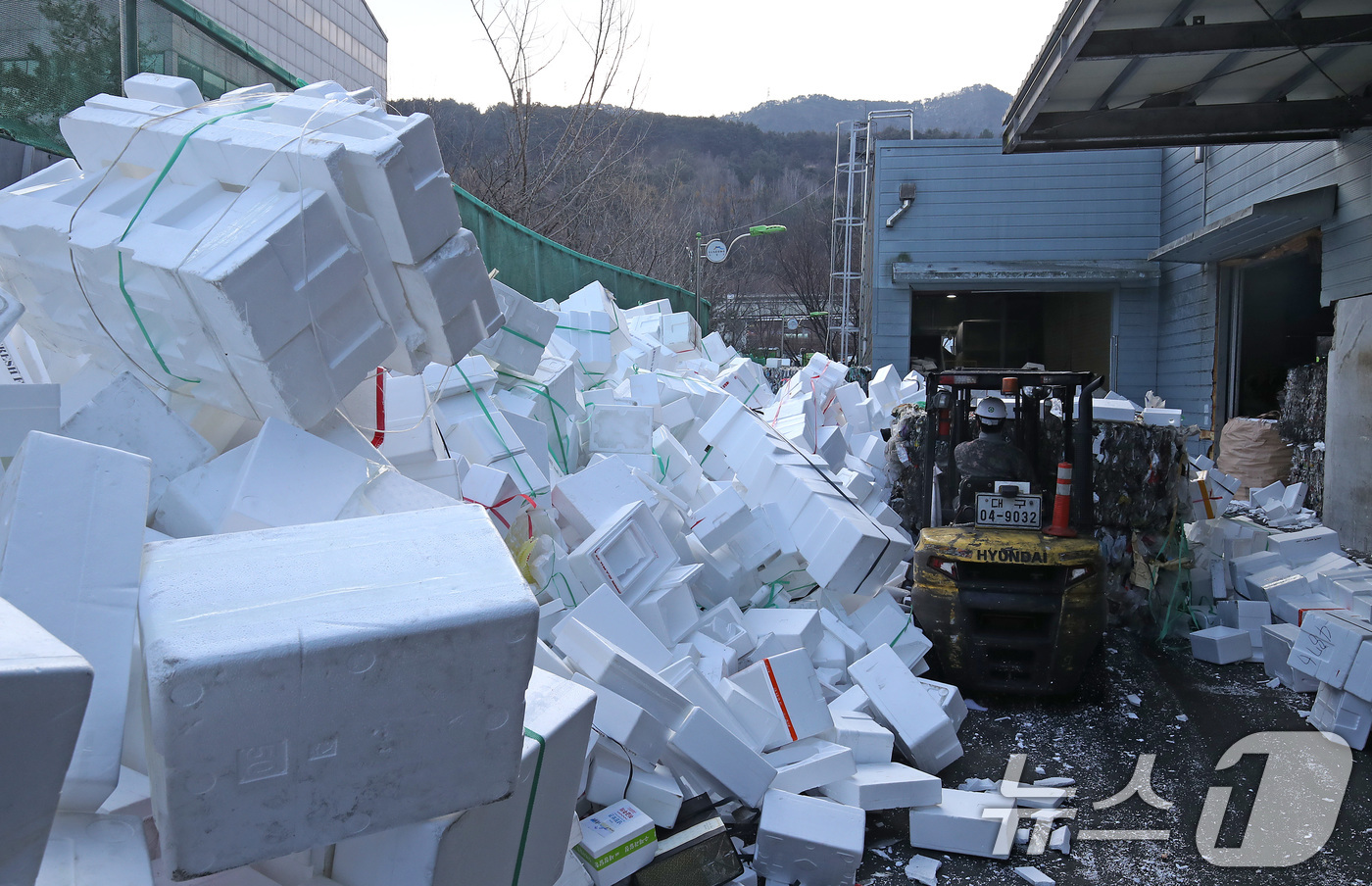 (대구=뉴스1) 공정식 기자 = 30일 오전 대구 수성구 생활자원회수센터에서 직원들이 설 연휴 동안 산더미처럼 쌓인 선물 포장용 스티로폼을 재활용하기 위해 지게차를 동원해 정리하고 …