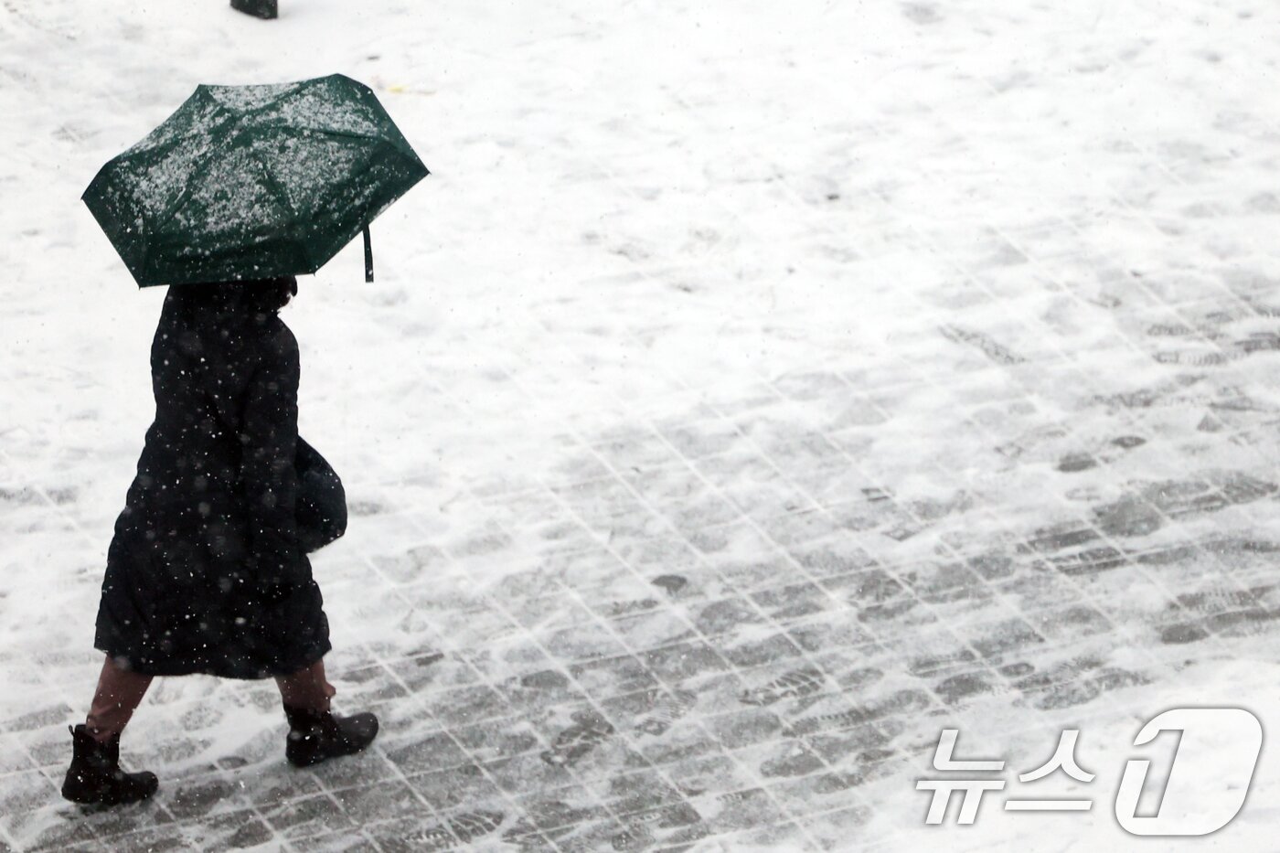본문 이미지 - 눈이 내린 31일 오후 서울 중구 을지로입구역 인근 에서 시민이 발걸음을 재촉하고 있다. 2025.1.31/뉴스1 ⓒ News1 황기선 기자