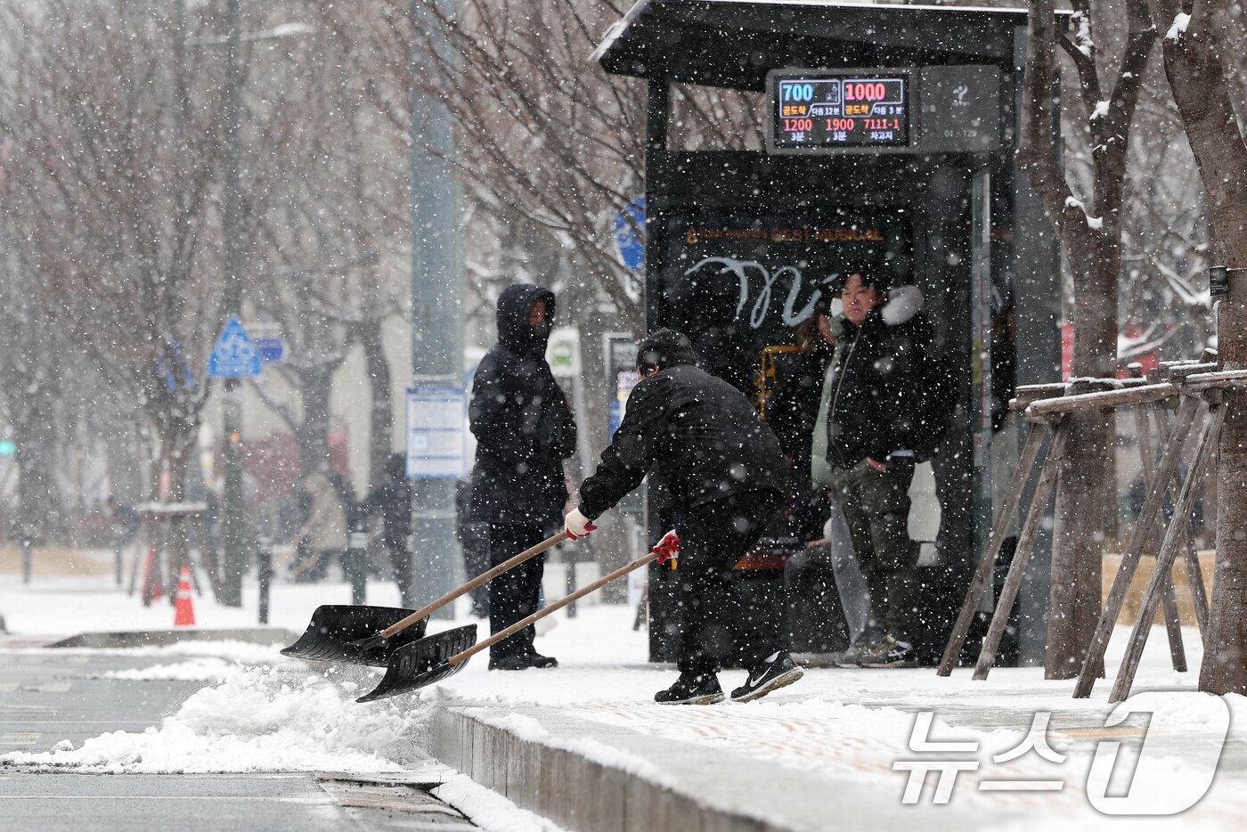 본문 이미지 - 31일 오후 서울 광화문광장 인근에 눈이 내려 건물 관리인이 눈을 치우고 있다. 2025.1.31/뉴스1 ⓒ News1 신웅수 기자