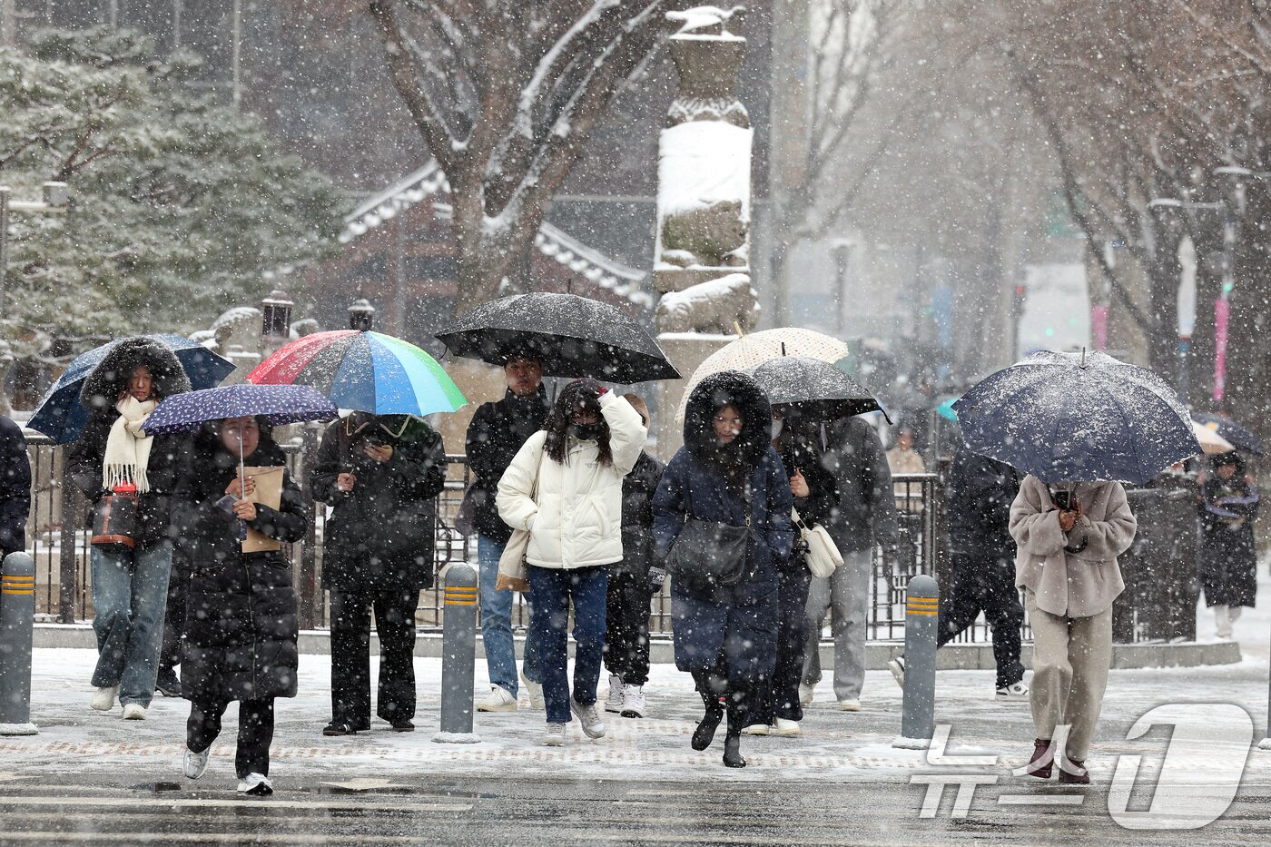 본문 이미지 - 31일 오후 서울 광화문 네거리를 지나는 시민들이 눈을 맞으며 발걸음을 옮기고 있다. 2025.1.31/뉴스1 ⓒ News1 신웅수 기자