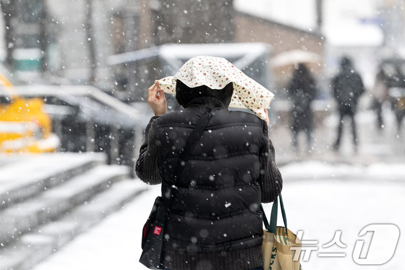 본문 이미지 - 서울을 비롯한 중부지방에 눈이 내리는 31일 오후 서울 중구 청계천 인근에서 한 시민이 손수건을 쓰고 발걸음을 옮기고 있다. 2025.1.31/뉴스1 ⓒ News1 이승배 기자
