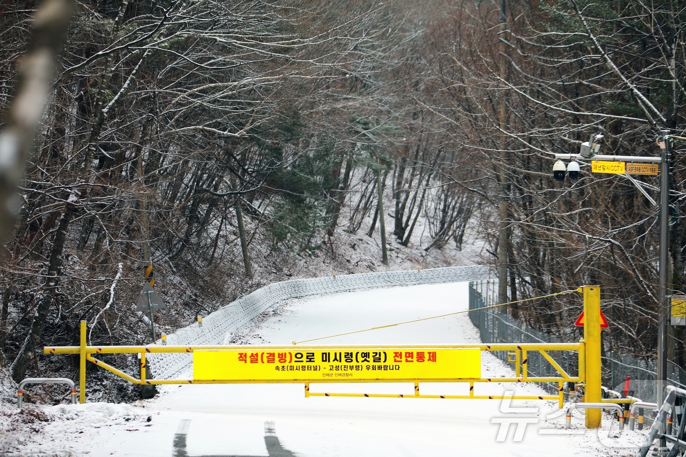 (인제=뉴스1) 이종재 기자 = 5일 강원 산간과 내륙에 많은 눈이 내려 고성과 인제를 잇는 미시령 옛길이 전면 통제됐다.(인제군 제공) 2025.1.5/뉴스1