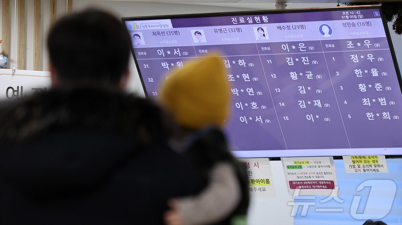 본문 이미지 - 최근 독감&#40;인플루엔자&#41; 유행이 급격하게 확산하고 있는 가운데 5일 서울의 한 어린이병원을 찾은 어린이 환자와 보호자가 진료를 받기 위해 대기하고 있다. 2025.1.5/뉴스1 ⓒ News1 박지혜 기자