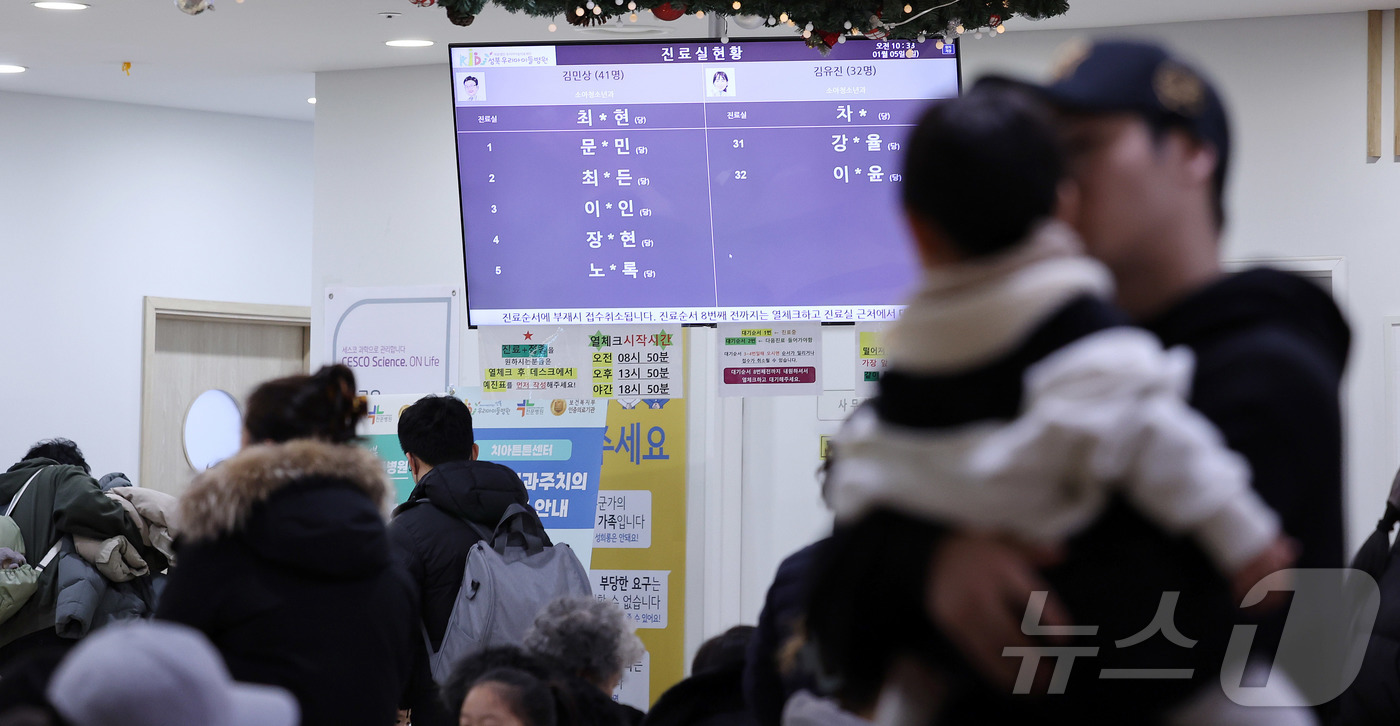 (서울=뉴스1) 박지혜 기자 = 최근 독감(인플루엔자) 유행이 급격하게 확산하고 있는 가운데 5일 서울의 한 어린이병원을 찾은 어린이 환자들이 진료를 받기 위해 대기하고 있다.이날 …