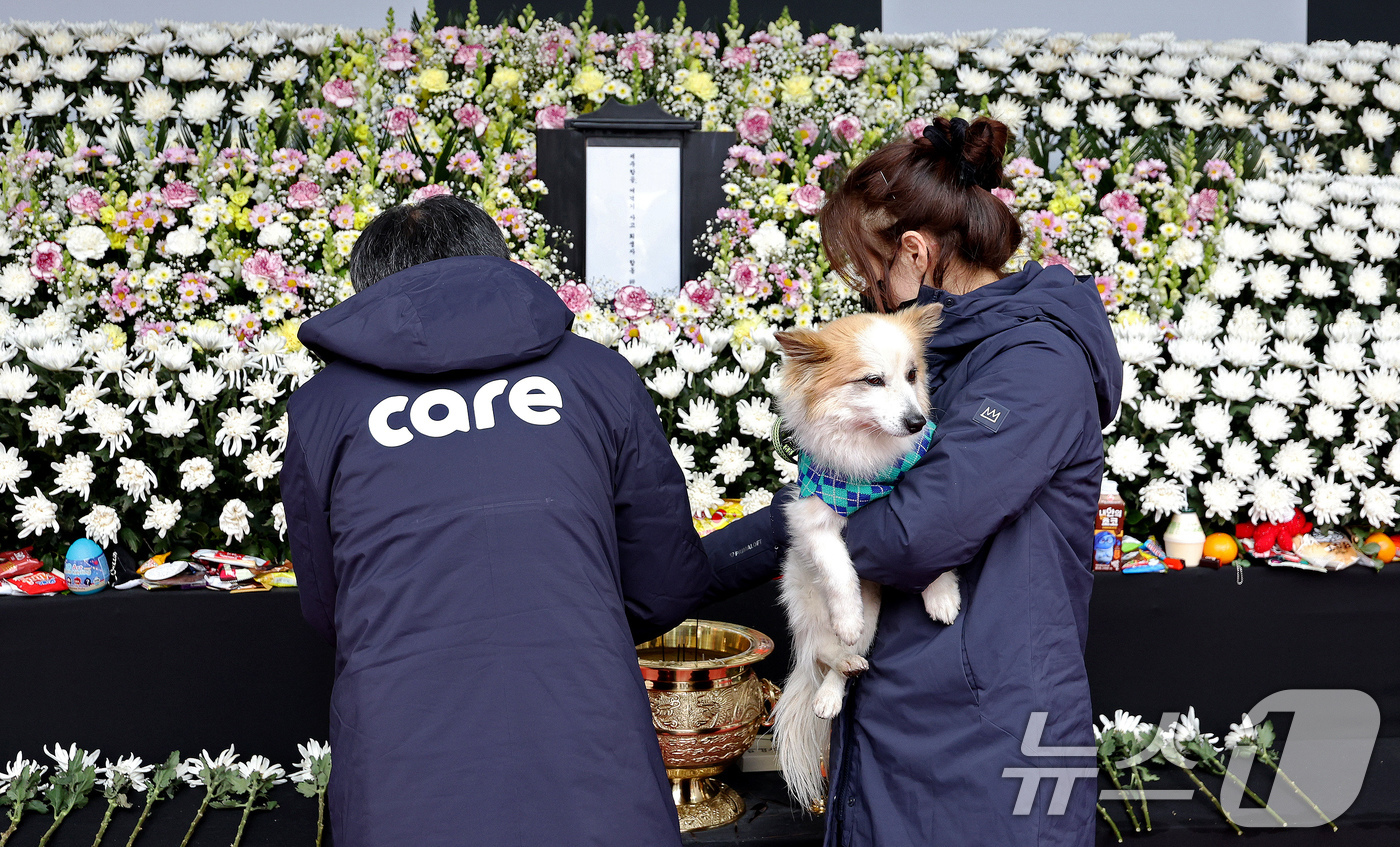 (서울=뉴스1) 장수영 기자 = 무안국제공항 제주항공 여객기 참사로 가족을 잃은 반려견 '푸딩이'가 5일 오후 서울시청에 마련된 합동분향소에 동물권 보호단체 회원들과 함께 방문하고 …