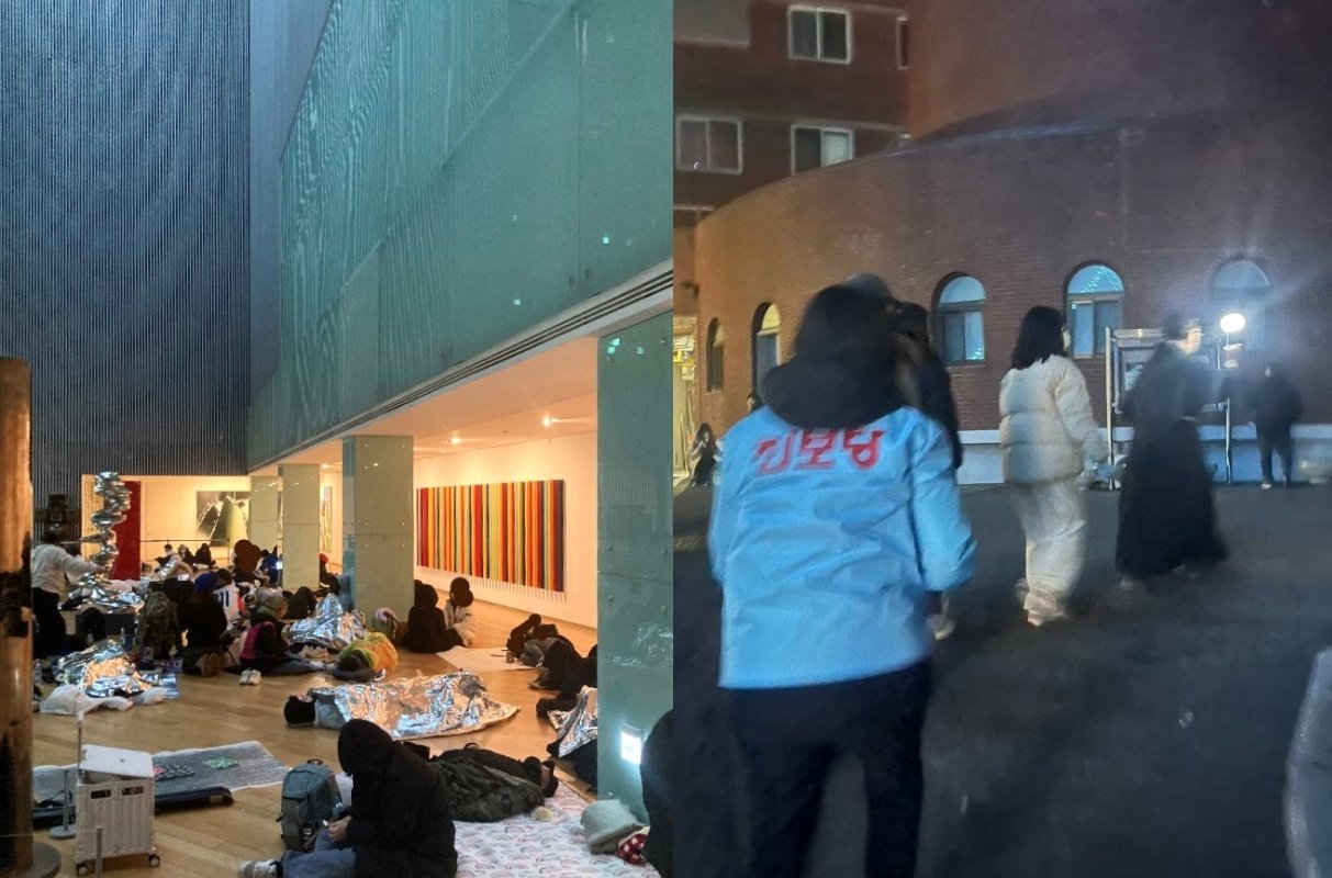 본문 이미지 - 서울 용산구 한남동 일신빌딩 1층 갤러리 모습(왼쪽),  꼰벤뚜알 프란치스코 수도회 신부님이 응원봉을 들고 집회 참여자들에게 화장실을 안내해주는 장면. (엑스 이용자 닉네임 '@whistle_chowon' / 진보당 엑스 계정 갈무리)