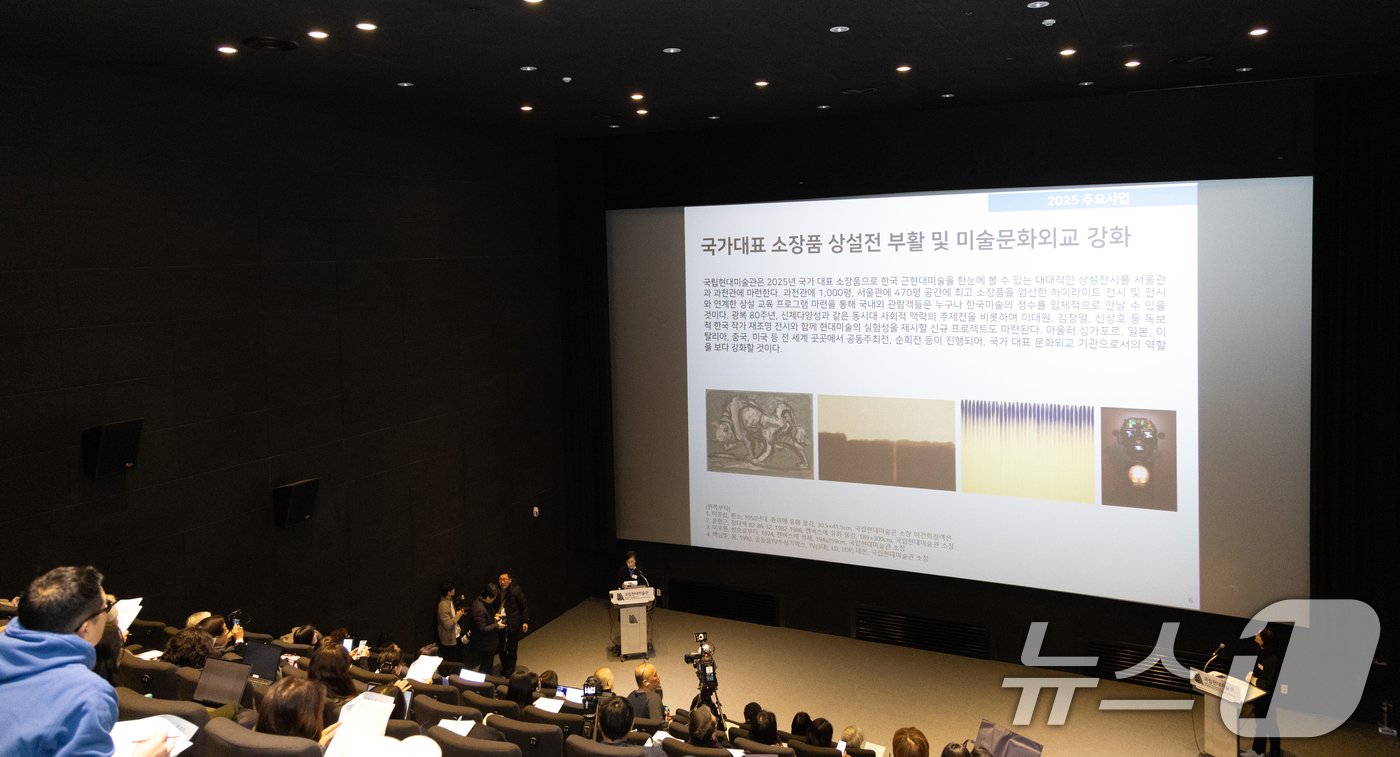 본문 이미지 - 김성희 국립현대미술관장이 7일 오전 서울 종로구 국립현대미술관&#40;MMCA&#41;에서 2025년 전시계획과 주요사업 및 운영방향에 대해 발표하고 있다. 2025.1.7/뉴스1 ⓒ News1 이승배 기자