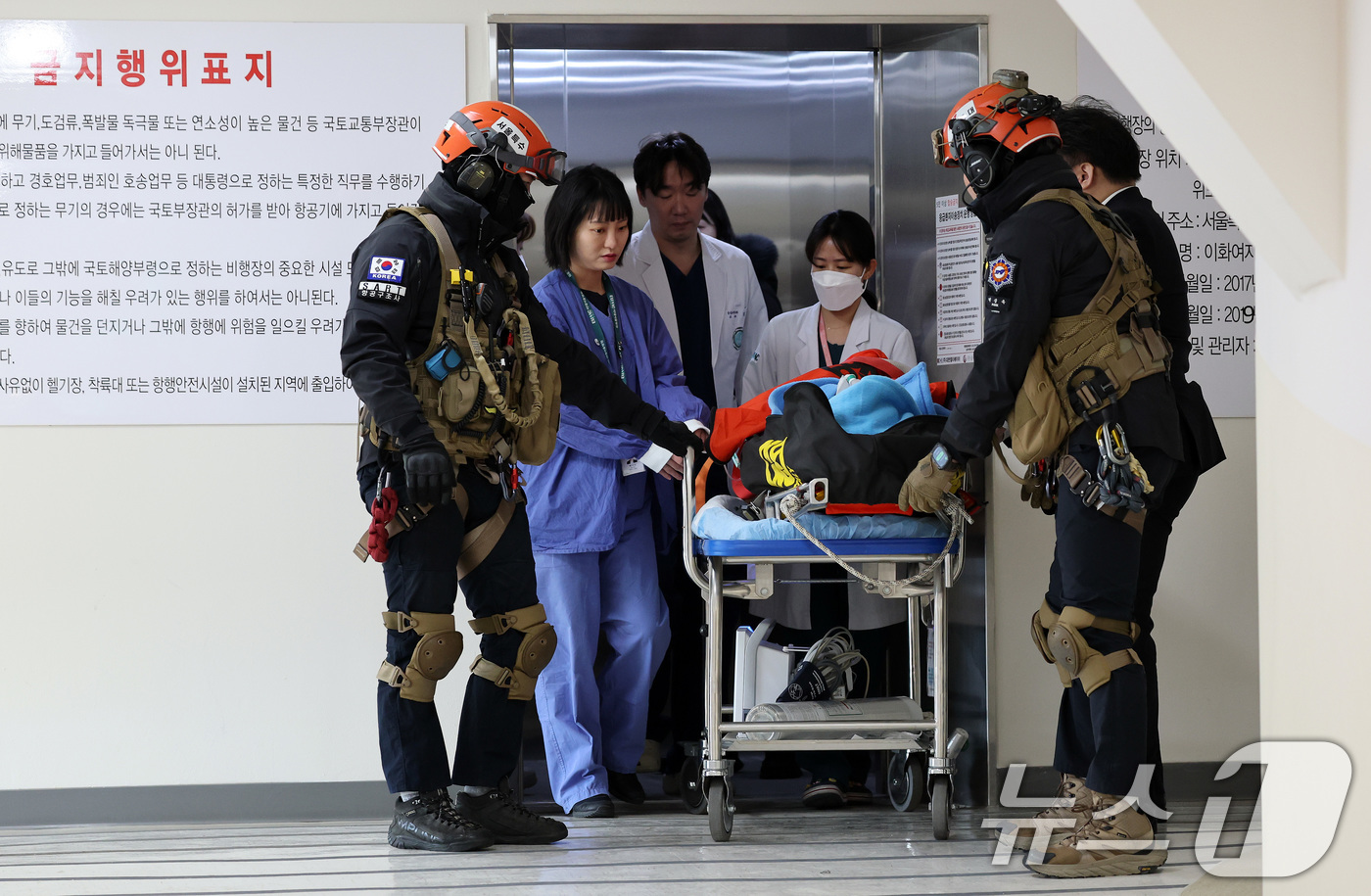 (서울=뉴스1) 이동해 기자 = 7일 서울 강서구 이대서울병원에서 인근지역 외상 중증환자를 원내로 이송하는 상황을 가정해 열린 응급헬기환자 시뮬레이션에서 의료진과 강서소방서 구조팀 …