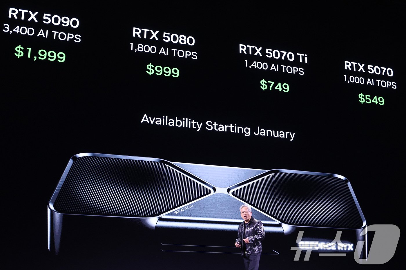 본문 이미지 - 젠슨 황 엔비디아 최고경영자(CEO)가 세계 최대 IT(정보기술)·가전 전시회 'CES 2025' 개막을 하루 앞둔 6일(현지시간) 미국 네바다주 라스베이거스 만달레이베이 컨벤션센터에서 기조연설을 하고 있다. 2025.1.6/뉴스1 ⓒ News1 신웅수 기자