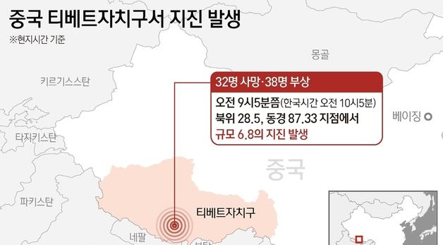 [그래픽] 중국 티베트자치구서 지진 발생