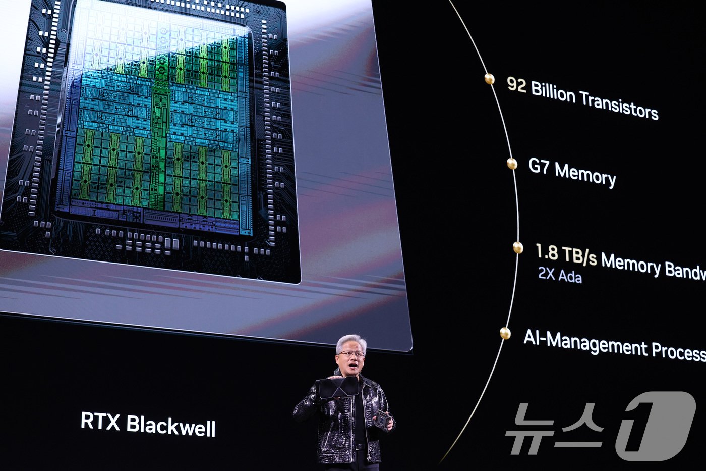 본문 이미지 - 젠슨 황 엔비디아 최고경영자(CEO)가 세계 최대 IT(정보기술)·가전 전시회 'CES 2025' 개막을 하루 앞둔 6일(현지시간) 미국 네바다주 라스베이거스 만달레이베이 컨벤션센터에서 가진 기조연설에서 최신 인공지능(AI) 가속기 '블랙웰(Blackwell)'을 탑재한 지포스 RTX 50 시리즈 그래픽 카드를 공개하고 있다. 2025.1.6/뉴스1 ⓒ News1 신웅수 기자