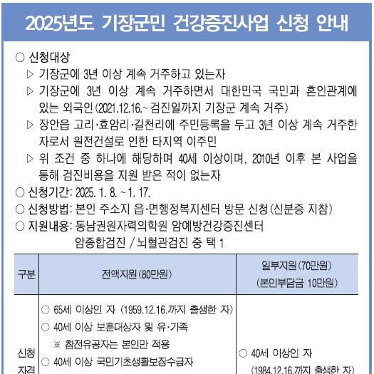 기장군, 암·뇌혈관 검진비 전액 지원…17일까지 접수