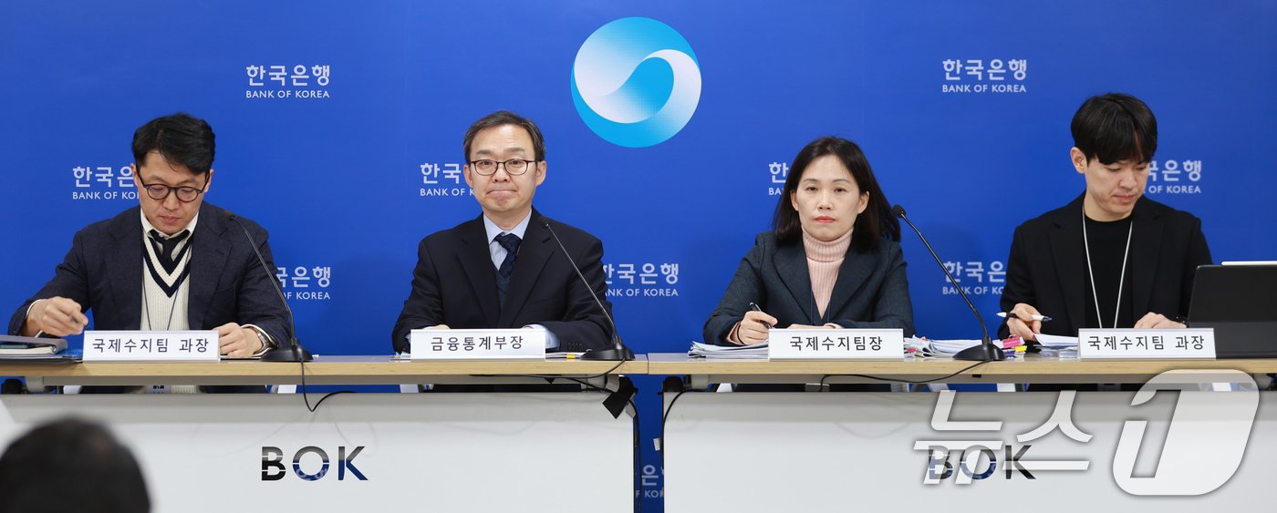 본문 이미지 - 8일 오전 서울 중구 한국은행에서 안용비 국제수지팀 과장(왼쪽부터), 송재창 금융통계부장, 문혜정 국제수지팀장, 이영우 국제수지팀 과장이 참석한 가운데 2024년 11월 국제수지 설명회가 진행되고 있다. (한국은행 제공) 2025.1.8/뉴스1