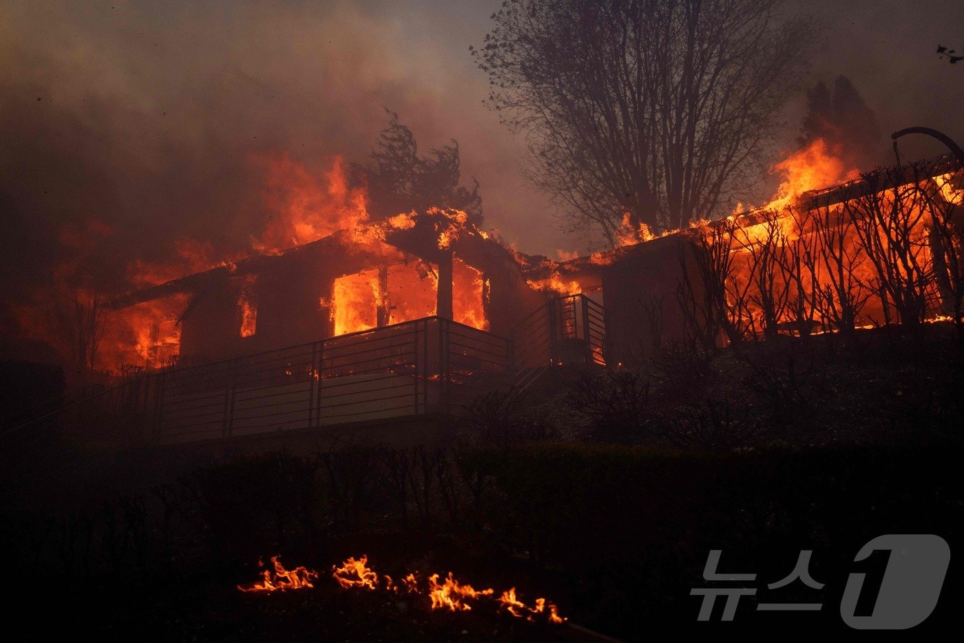 본문 이미지 - 7일 (현지시간) 팰리세이즈 산불이 발생한 캘리포니아주 로스앤젤레스 인근의 퍼시픽팰리세이즈에서 불길에 휩싸인 주택이 보인다. 2025.01.08 ⓒ AFP=뉴스1 ⓒ News1 우동명 기자