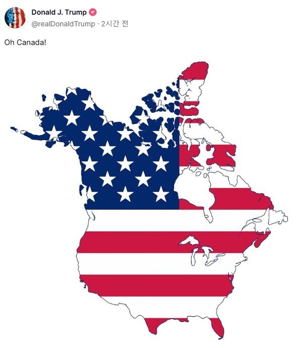본문 이미지 -  도널드 트럼프 미국 대통령 당선인이 7일(현지시간) 자신의 소셜미디어(SNS) '트루스 소셜'에 캐나다 영토를 성조기로 덮은 이미지를 게재하고 "오, 캐나다!"(Oh, Canada!)라고 적었다. (트럼프 SNS 갈무리) 2025.1.7/뉴스1