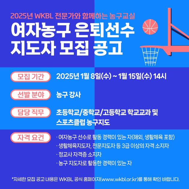 WKBL, '전문가와 함께하는 농구교실' 참여 지도자 모집