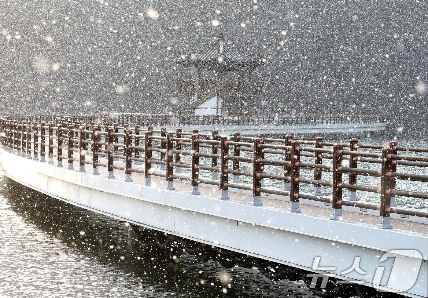 (대구=뉴스1) 공정식 기자 = 한파가 이어진 8일 오후 대구 달성군 옥연지 송해공원 백세교에 눈이 내리고 있다. 2025.1.8/뉴스1