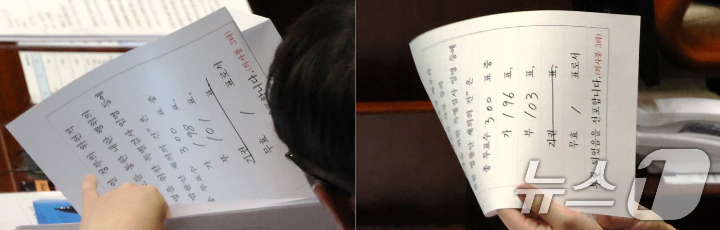 본문 이미지 - 8일 오후 서울 여의도 국회에서 열린 본회의에서 내란 특검법(왼쪽)과 김건희 특검법이 부결되고 있다. 2025.1.8/뉴스1 ⓒ News1 이광호 기자