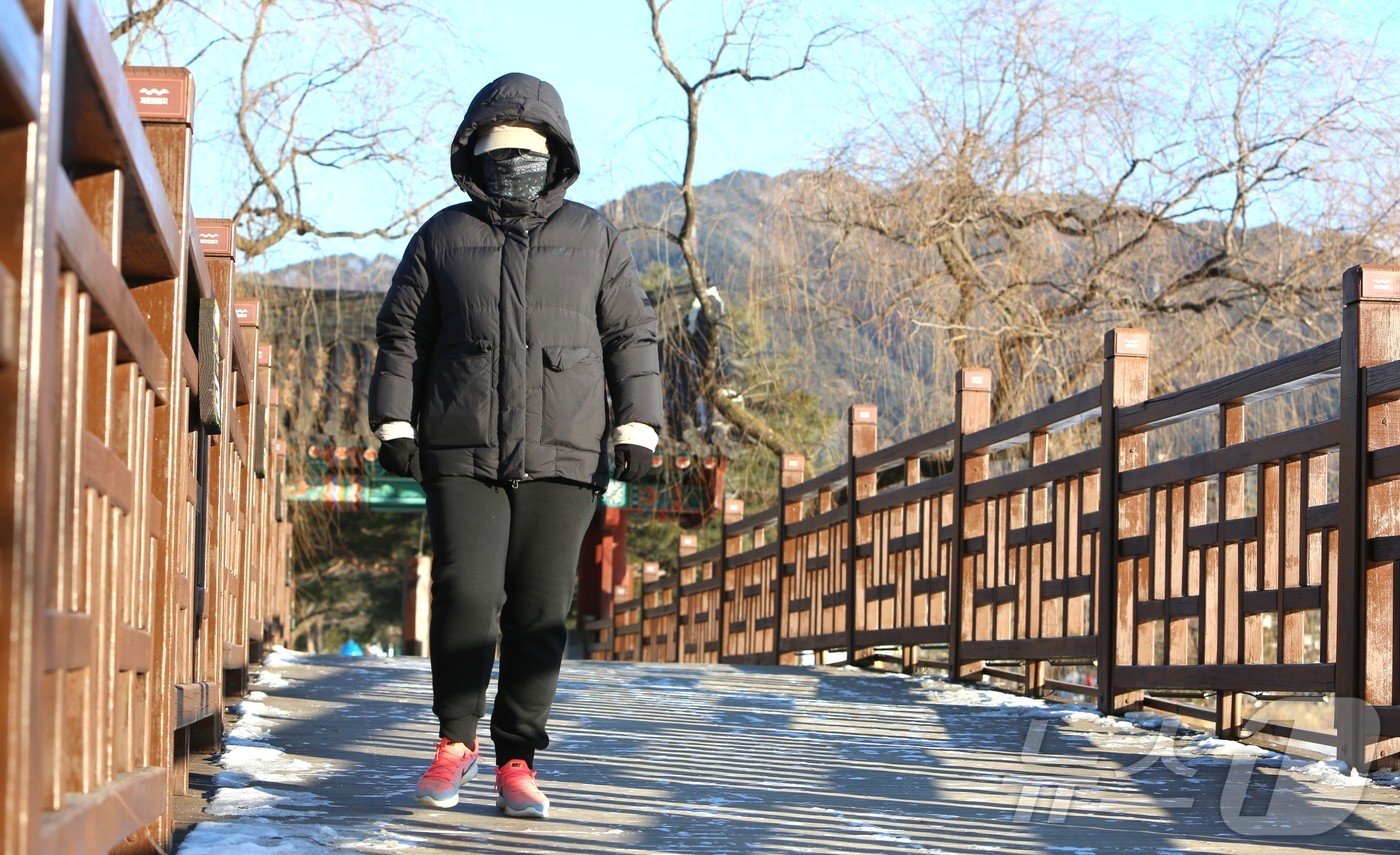 본문 이미지 - 충북 전체가 꽁꽁 얼어붙은 가운데, 제천시민들이 중무장을 한 채 의림지에서 걷기 운동을  하고 있다.2025.1.9/뉴스1 손도언 기자   