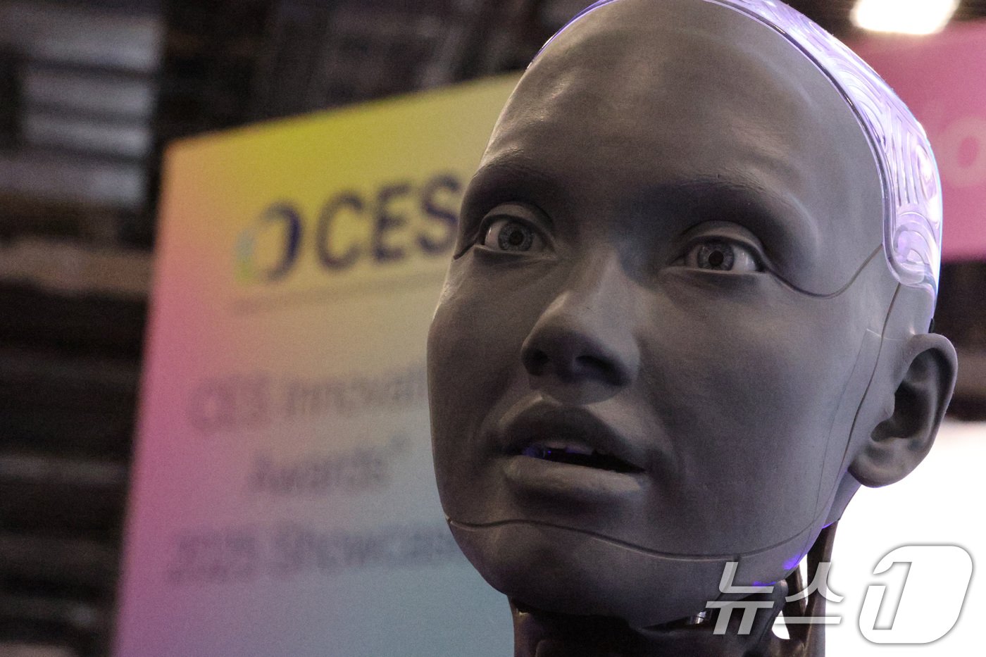 본문 이미지 - 세계 최대 정보기술&#40;IT&#41;·가전 전시회 &#39;CES 2025’ 둘째 날인 8일&#40;현지시간&#41; 미국 네바다주 라스베이거스 베네시안 엑스포에 마련된 웨이즈 전시관에서 인공지능&#40;AI&#41; 휴머노이드 로봇 아미카가 관람객의 질문에 답변하고 있다. 2025.1.9/뉴스1 ⓒ News1 신웅수 기자