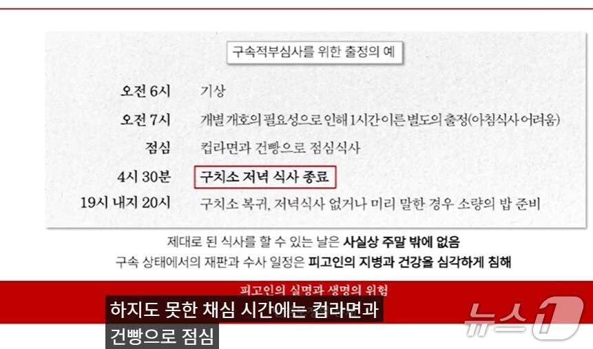 본문 이미지 - 윤석열 전 대통령 측 변호인인 김계리 변호사가 지난 30일 자신의 유튜브 채널 '김계리 T V'에서 윤 전 대통령이 지난 7월 18일 구속적부심 때 '건빵과 컵라면'으로 점심을 해결해야 했다며 이런 식단은 당뇨환자인 윤 전 대통령 건강을 크게 해칠 수밖에 없어 보석을 인용해야 한다는 주장을 펼쳤다. (유튜브 갈무리) ⓒ 뉴스1 