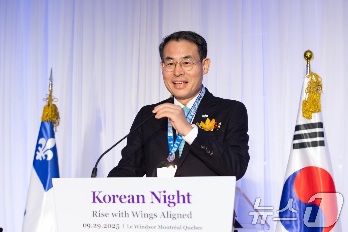 본문 이미지 - 국토교통부는 대한민국이 캐나다 몬트리올에서 열리고 있는 제42차 국제민간항공기구(ICAO) 총회에서 3년 임기의 이사국에 선출됐다고 1일 밝혔다. 김윤덕 국토교통부 장관이 한국의밤 리셉션에서 발언하고 있다. (국토교통부 제공. 재판매 및 DB 금지) 2025.10.1/뉴스1