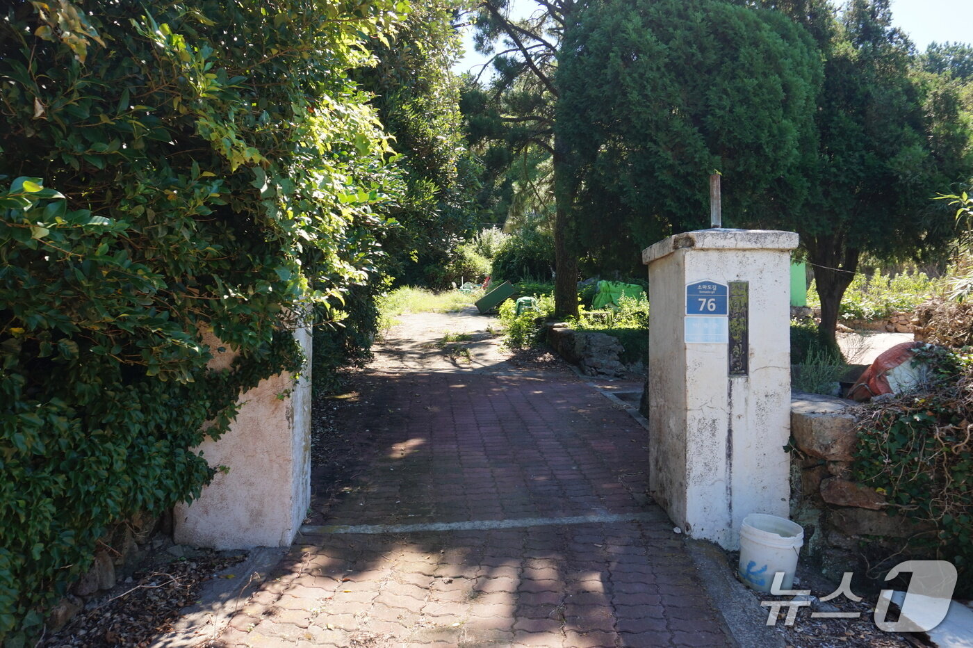 본문 이미지 - 폐교된 소마도 초등학교 입구의 교문 기둥. 오른쪽 기둥에 &#39;소마도등학교&#39;라고 쓰인 동판이 남아 있다.2025.10.3/뉴스1 ⓒ News1 조영석 기자 