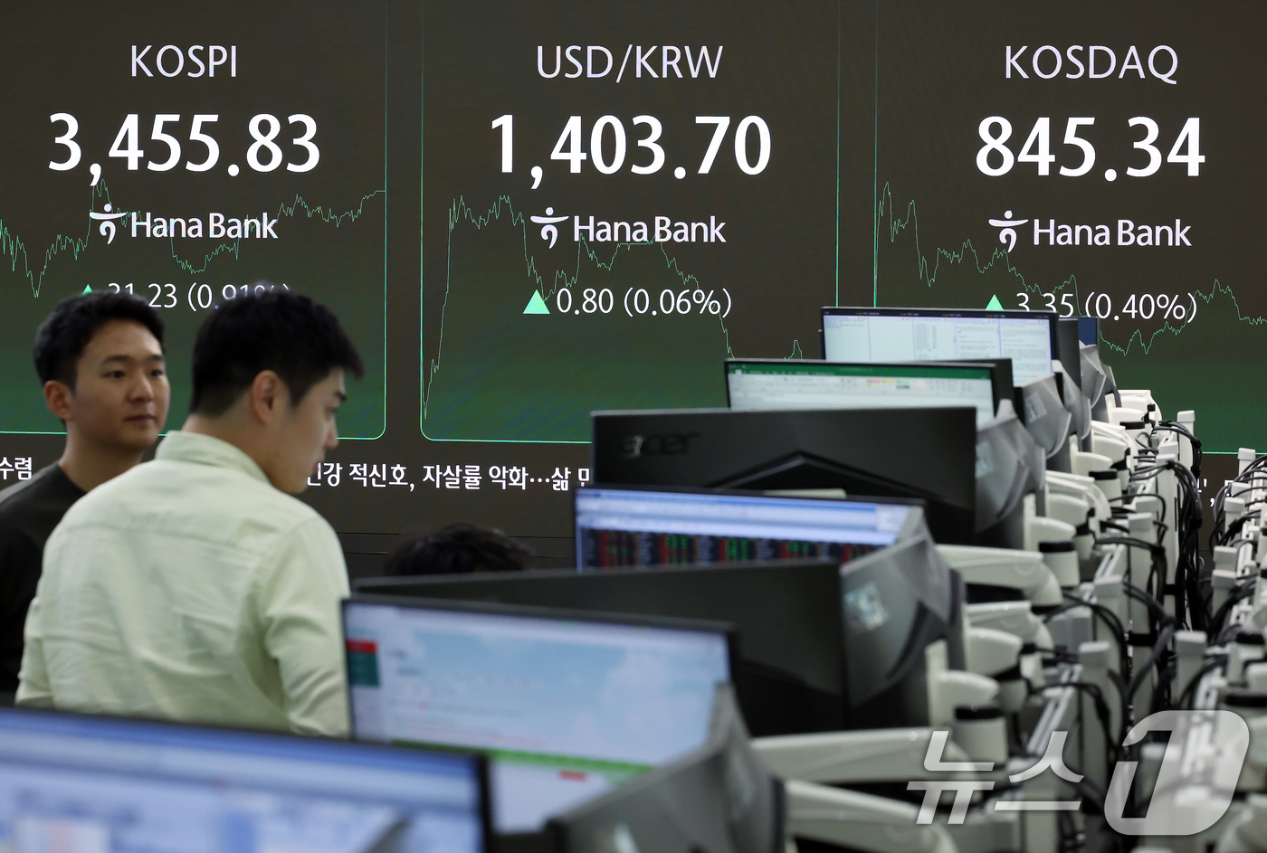 (서울=뉴스1) 박정호 기자 = 국내 증시가 외국인 순매수에 힘입어 상승세를 보인 1일 오후 서울 중구 하나은행 본점 딜링룸 전광판에 증시 종가가 표시되고 있다.이날 코스피는 전 …