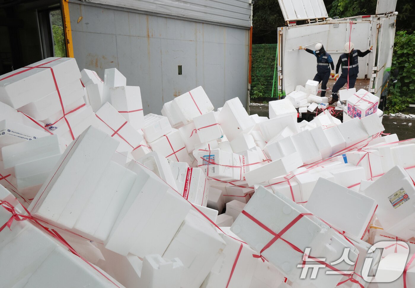 본문 이미지 - 추석 연휴가 끝난 10일 경기 용인시 처인구 이동읍공공재활용센터에서 관계자들이 스티로폼 분류 작업을 하고 있다. 2025.10.10/뉴스1 ⓒ News1 김영운 기자