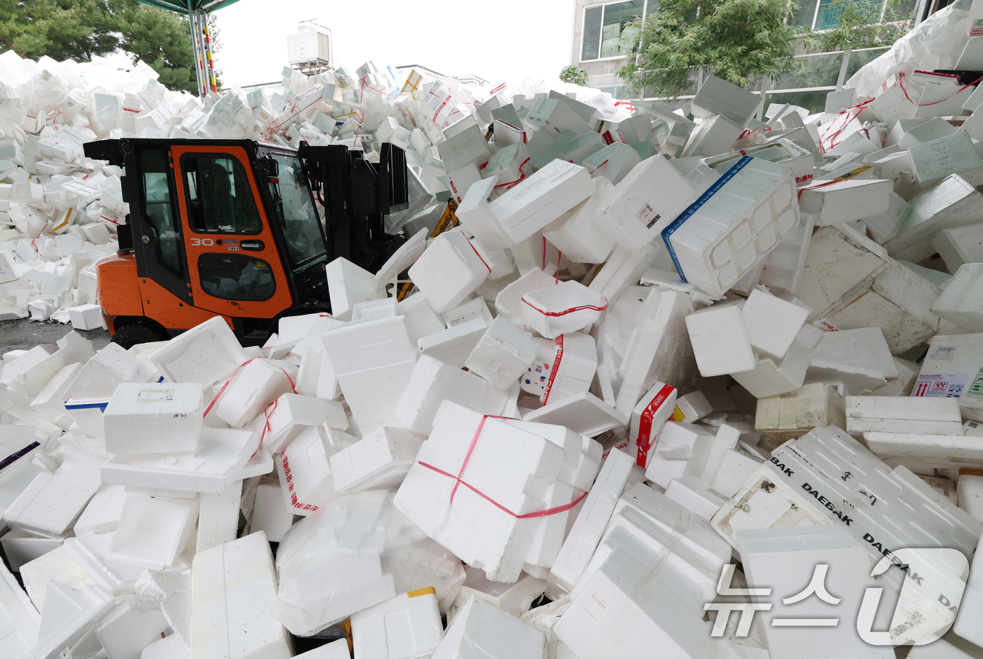 (용인=뉴스1) 김영운 기자 = 추석 연휴가 끝난 10일 경기 용인시 처인구 이동읍공공재활용센터에서 관계자들이 스티로폼 분류 작업을 하고 있다. 2025.10.10/뉴스1